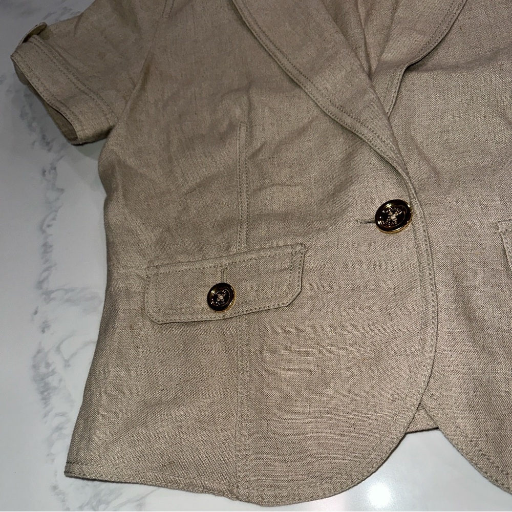 MICHAEL KORS SIZE L~100% LINEN DRESS JACKET BLAZER~PUFF SLEEVES GOLD BUTTON UP - Picture 13 of 16